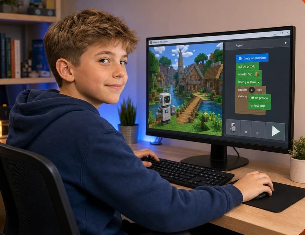 Nasmejani dečak za laptopom nakon uspešnog časa kursa programiranja